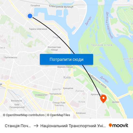 Станція Почайна to Національний Транспортний Університет map