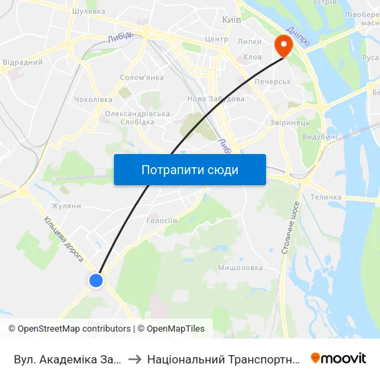 Вул. Академіка Заболотного to Національний Транспортний Університет map