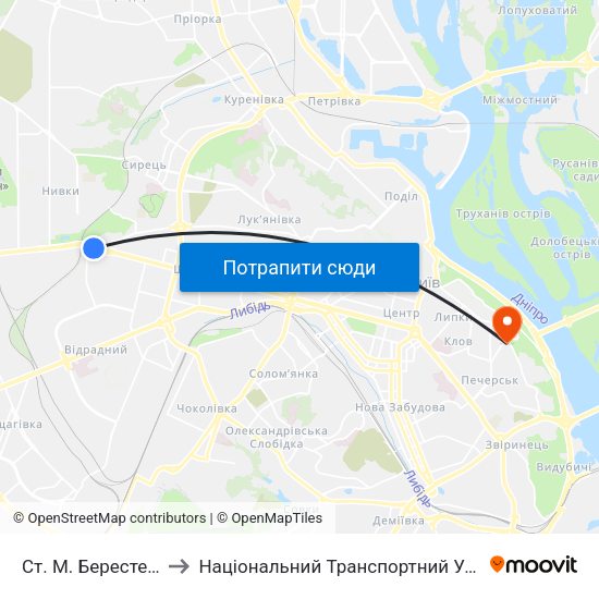 Ст. М. Берестейська to Національний Транспортний Університет map