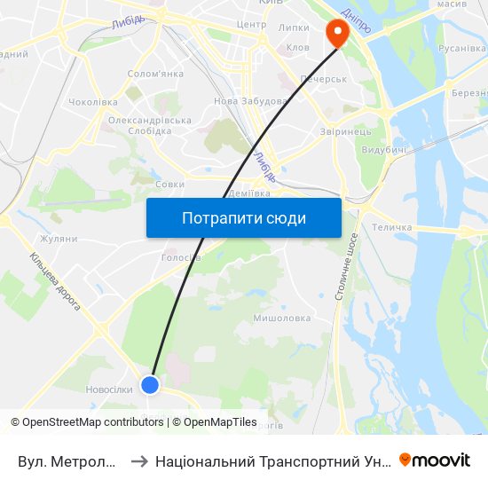 Вул. Метрологічна to Національний Транспортний Університет map