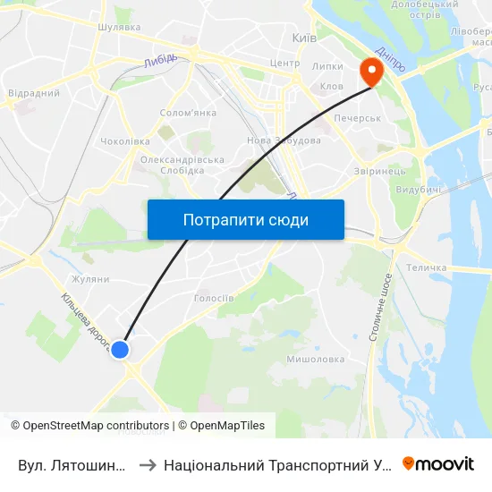 Вул. Лятошинського to Національний Транспортний Університет map