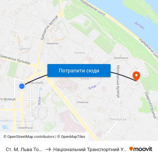 Ст. М. Льва Толстого to Національний Транспортний Університет map