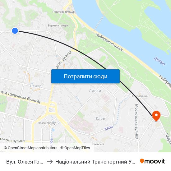 Вул. Олеся Гончара to Національний Транспортний Університет map