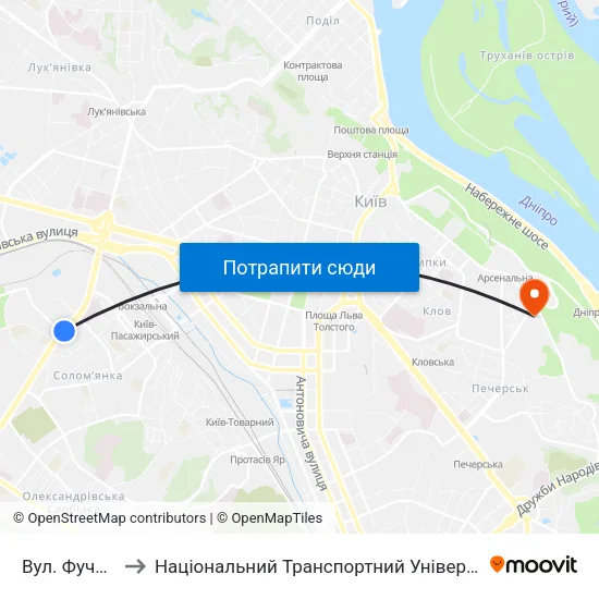 Вул. Фучика to Національний Транспортний Університет map