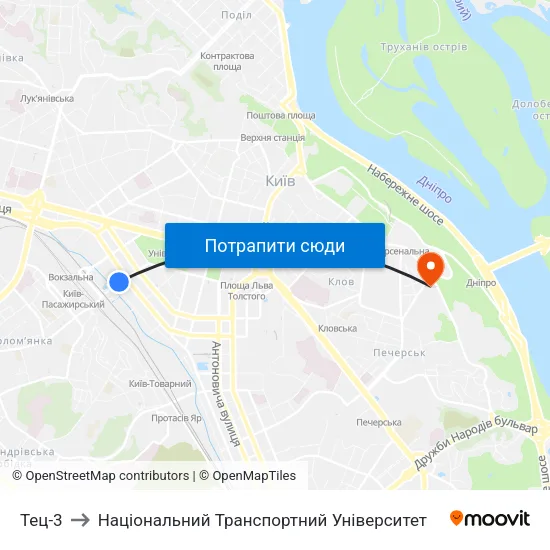 Тец-3 to Національний Транспортний Університет map