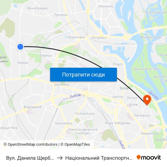 Вул. Данила Щербаківського to Національний Транспортний Університет map