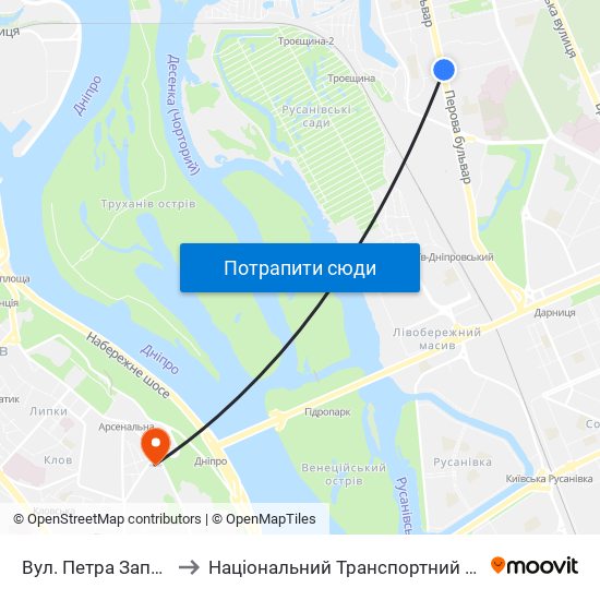 Вул. Петра Запорожця to Національний Транспортний Університет map