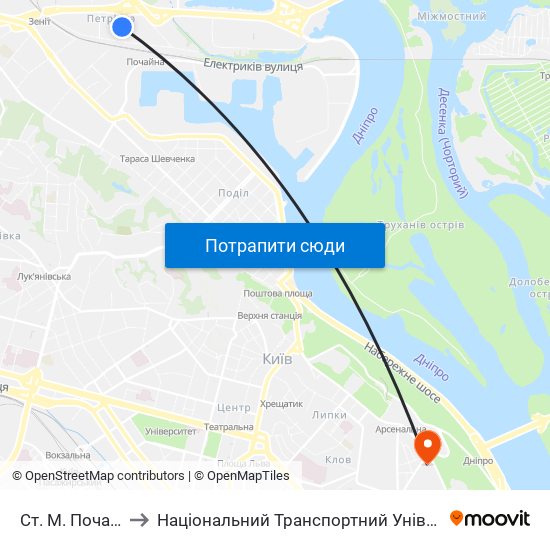 Ст. М. Почайна to Національний Транспортний Університет map