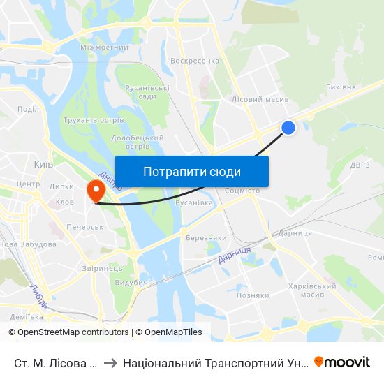 Ст. М. Лісова (233) to Національний Транспортний Університет map