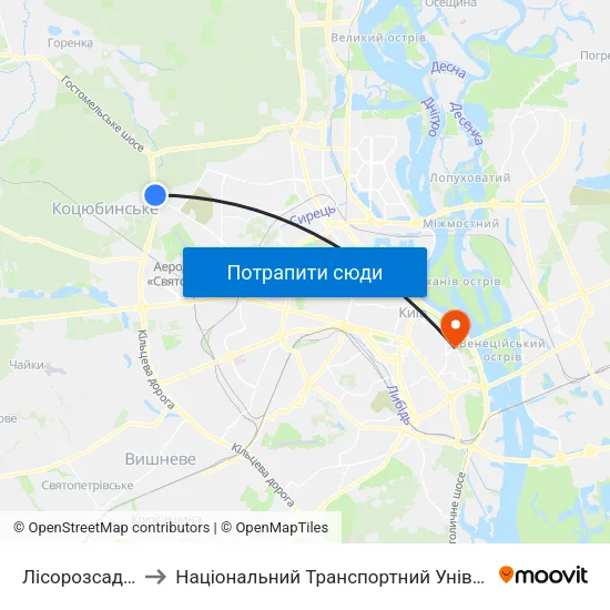 Лісорозсадник to Національний Транспортний Університет map