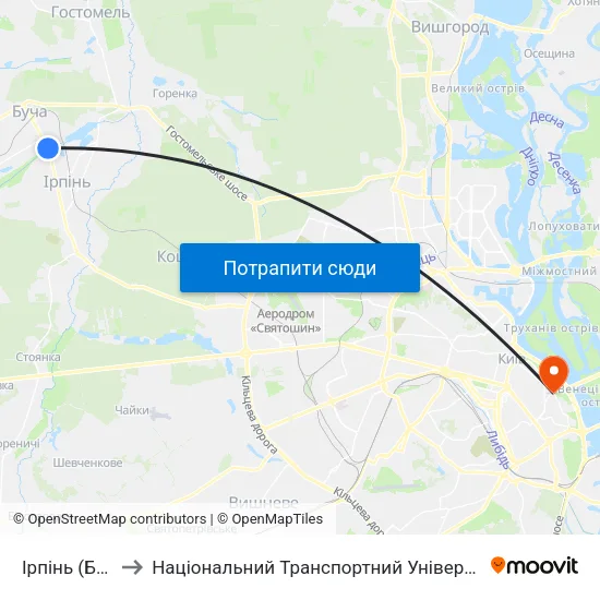 Ірпінь (Бкз) to Національний Транспортний Університет map