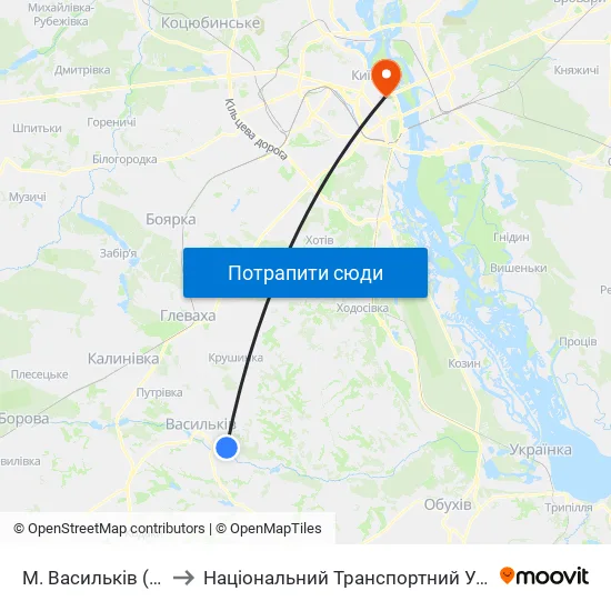 М. Васильків (Піски) to Національний Транспортний Університет map