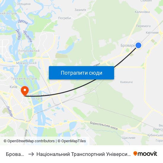 Бровари to Національний Транспортний Університет map