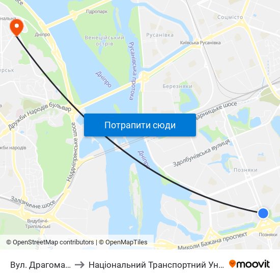 Вул. Драгоманова to Національний Транспортний Університет map