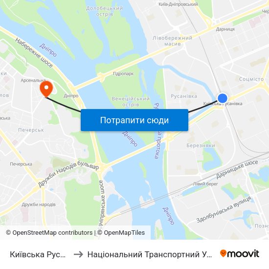 Київська Русанівка to Національний Транспортний Університет map