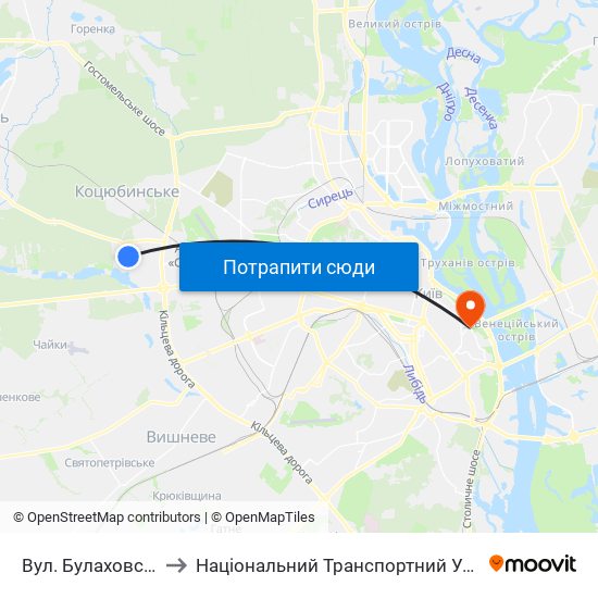 Вул. Булаховського to Національний Транспортний Університет map