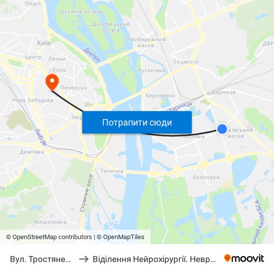 Вул. Тростянецька to Віділення Нейрохірургії. Неврологія. map