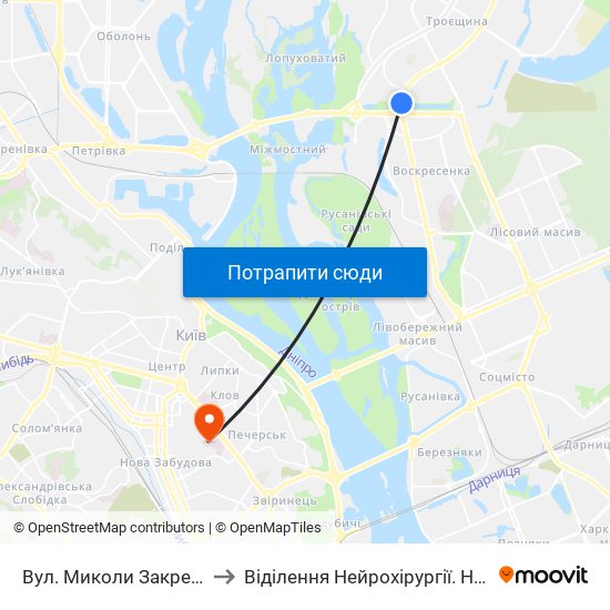 Вул. Миколи Закревського to Віділення Нейрохірургії. Неврологія. map