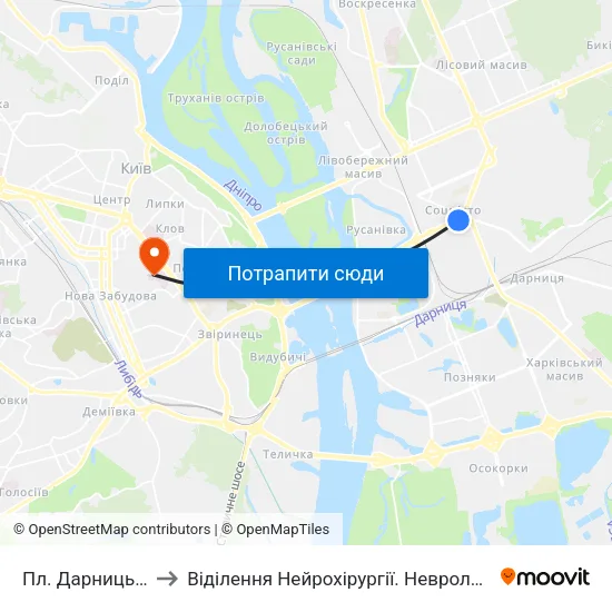Пл. Дарницька to Віділення Нейрохірургії. Неврологія. map