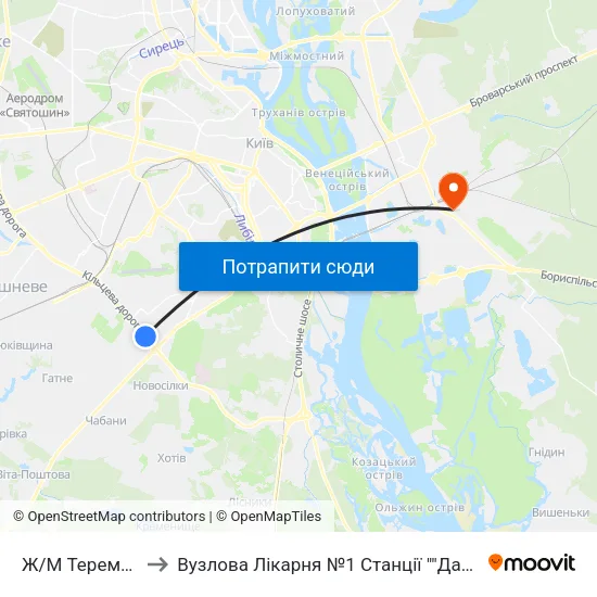 Ж/М Теремки-1 to Вузлова Лікарня №1 Станції ""Дарниця"" map