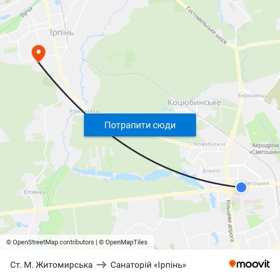 Ст. М. Житомирська to Санаторій «Ірпінь» map