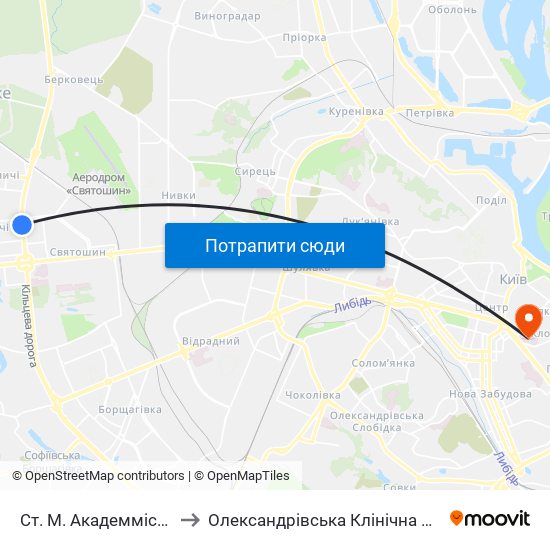 Ст. М. Академмістечко to Олександрівська Клінічна Лікарня map