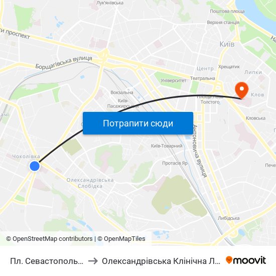 Пл. Севастопольська to Олександрівська Клінічна Лікарня map