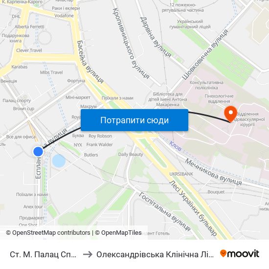 Ст. М. Палац Спорту to Олександрівська Клінічна Лікарня map