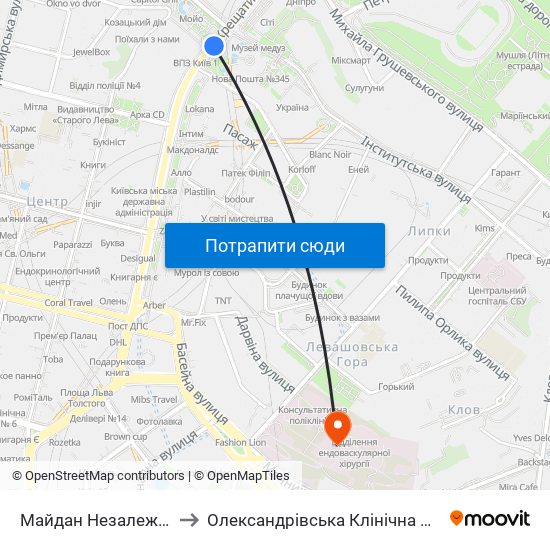 Майдан Незалежності to Олександрівська Клінічна Лікарня map