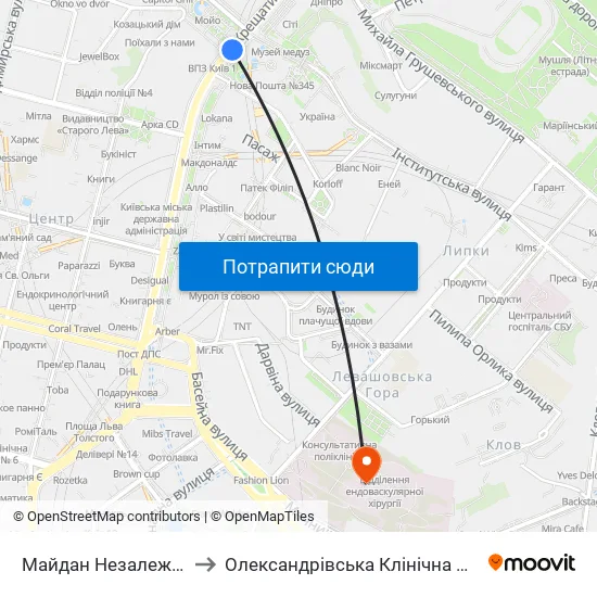 Майдан Незалежності to Олександрівська Клінічна Лікарня map