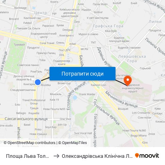 Площа Льва Толстого to Олександрівська Клінічна Лікарня map