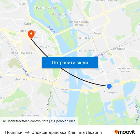 Позняки to Олександрівська Клінічна Лікарня map