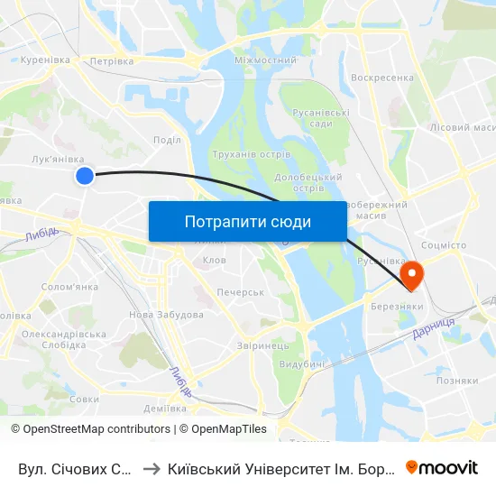 Вул. Січових Стрільців to Київський Університет Ім. Бориса Грінченка map