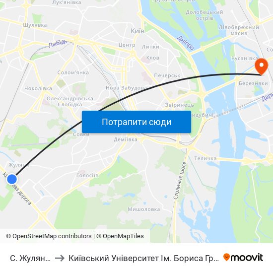 С. Жуляни-1 to Київський Університет Ім. Бориса Грінченка map