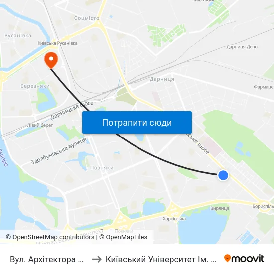Вул. Архітектора Вербицького to Київський Університет Ім. Бориса Грінченка map