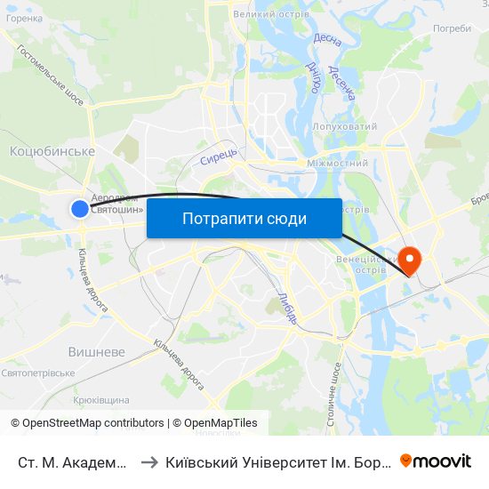 Ст. М. Академмістечко to Київський Університет Ім. Бориса Грінченка map