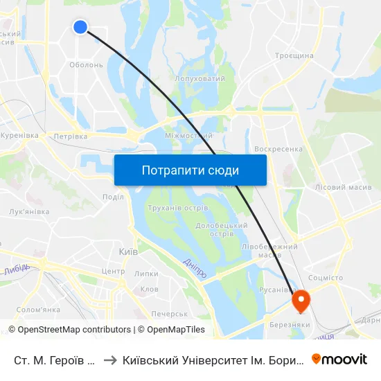 Ст. М. Героїв Дніпра to Київський Університет Ім. Бориса Грінченка map