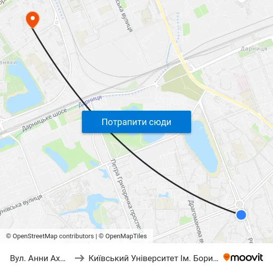Вул. Анни Ахматової to Київський Університет Ім. Бориса Грінченка map