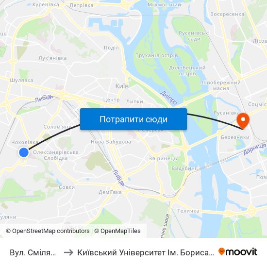 Вул. Смілянська to Київський Університет Ім. Бориса Грінченка map