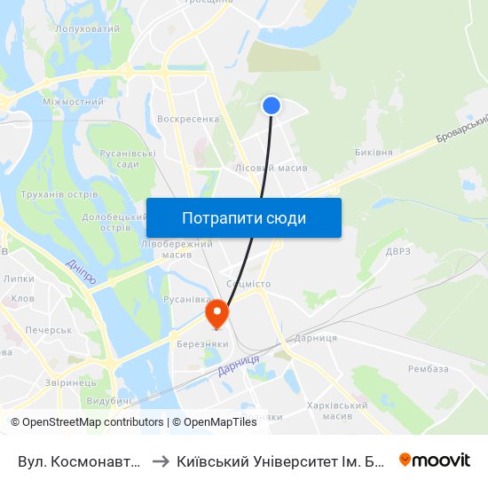 Вул. Космонавта Волкова to Київський Університет Ім. Бориса Грінченка map