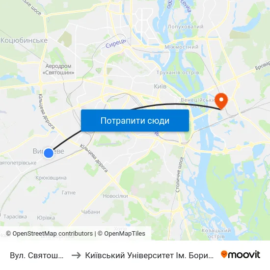 Вул. Святошинська to Київський Університет Ім. Бориса Грінченка map