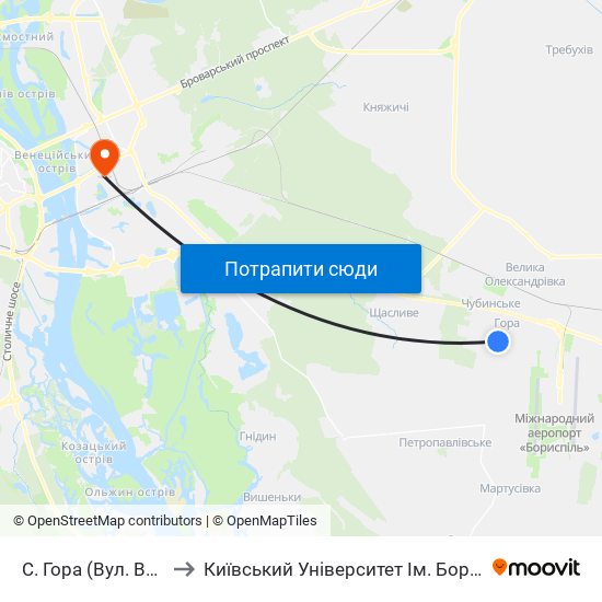 С. Гора (Вул. Вишнева) to Київський Університет Ім. Бориса Грінченка map