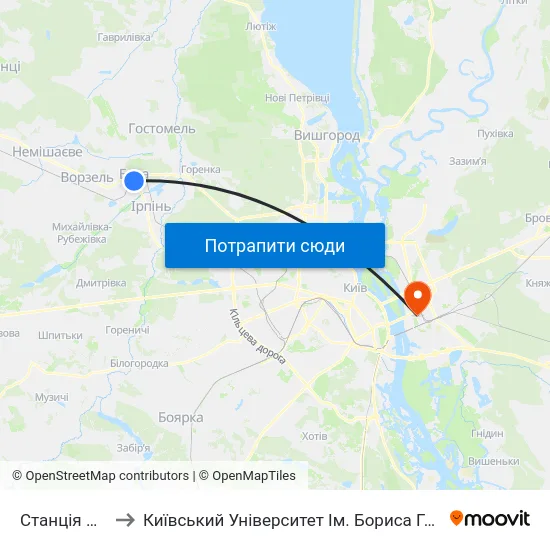 Станція Буча to Київський Університет Ім. Бориса Грінченка map