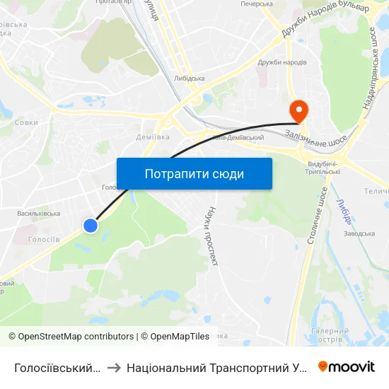 Голосіївський Парк to Національний Транспортний Університет map