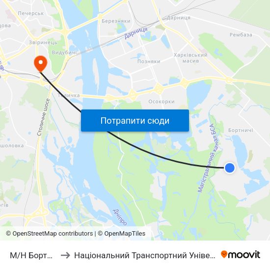 М/Н Бортничi to Національний Транспортний Університет map