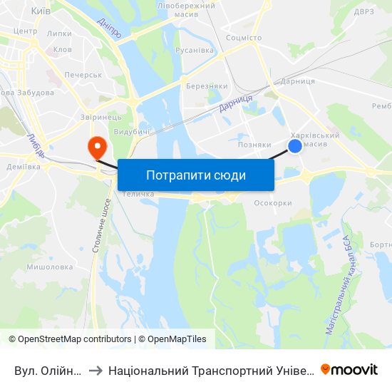 Вул. Олійника to Національний Транспортний Університет map