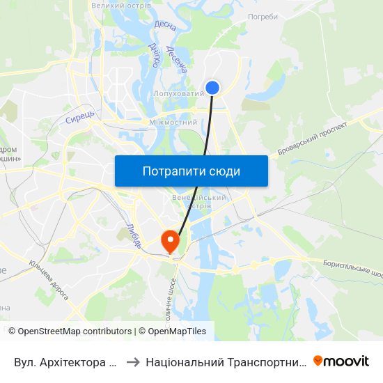 Вул. Архітектора Ніколаєва to Національний Транспортний Університет map