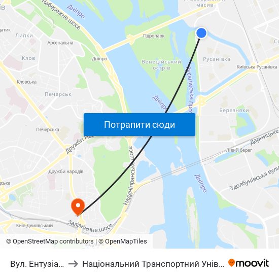 Вул. Ентузіастів to Національний Транспортний Університет map