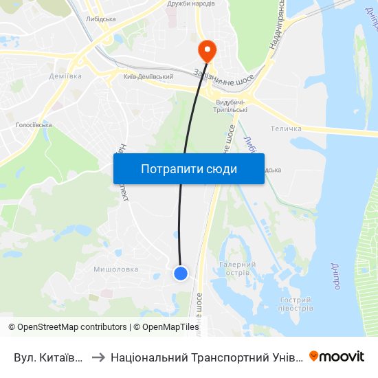 Вул. Китаївська to Національний Транспортний Університет map