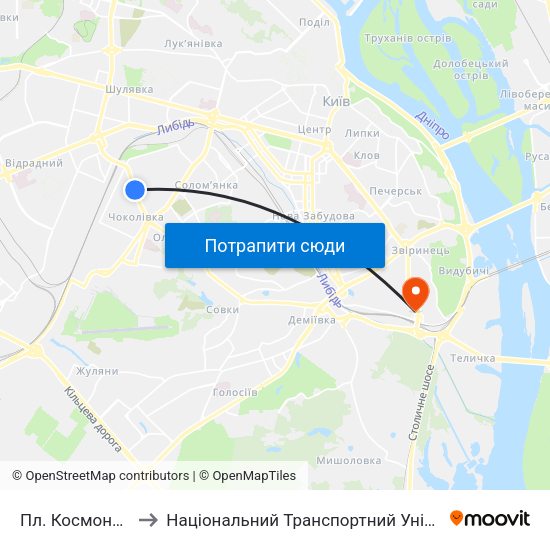 Пл. Космонавтів to Національний Транспортний Університет map